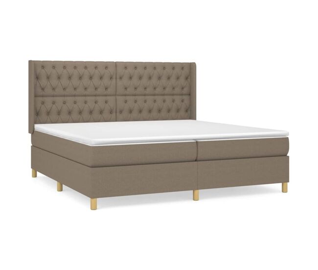Cama box spring con colchón tela gris taupe 200x200 cm diseño de botones