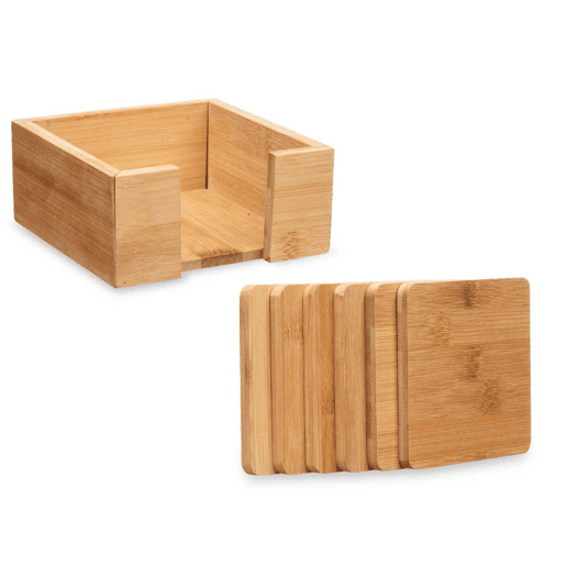 Conjunto de 6 bases para copos quadradas de bambu que suportam a coleção KINVARA
