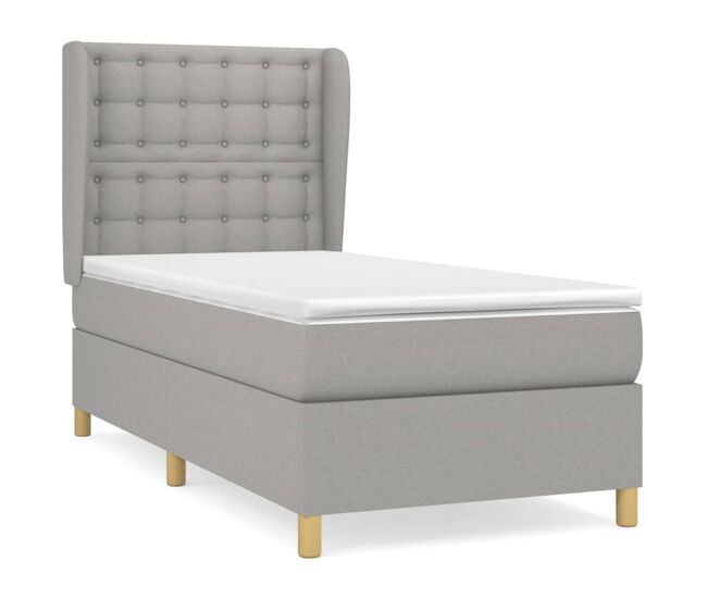 Cama box spring con colchón tela gris claro 80x200 cm botones