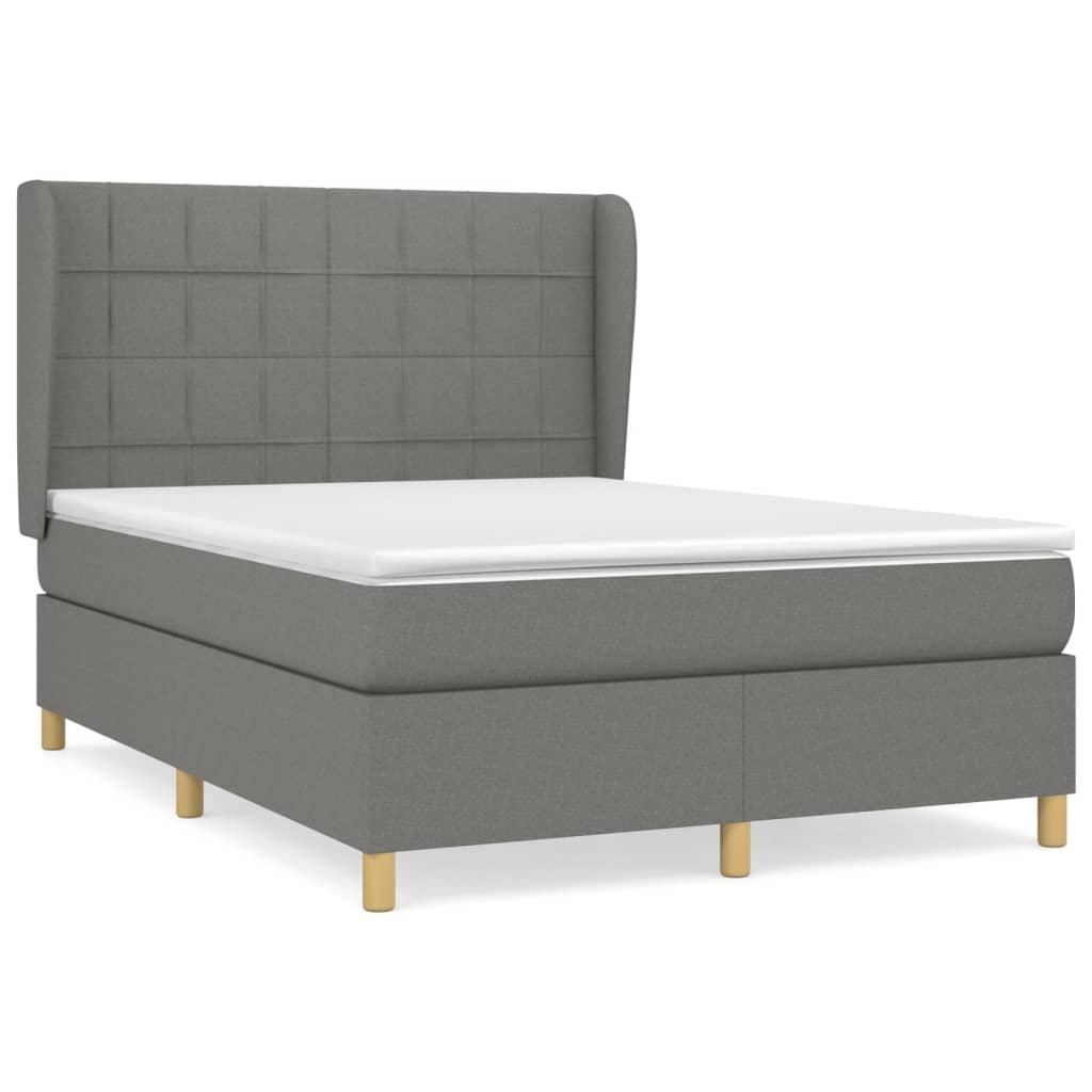 Cama box spring con colchón tela gris oscuro 140x190 cm bloques con cuadros
