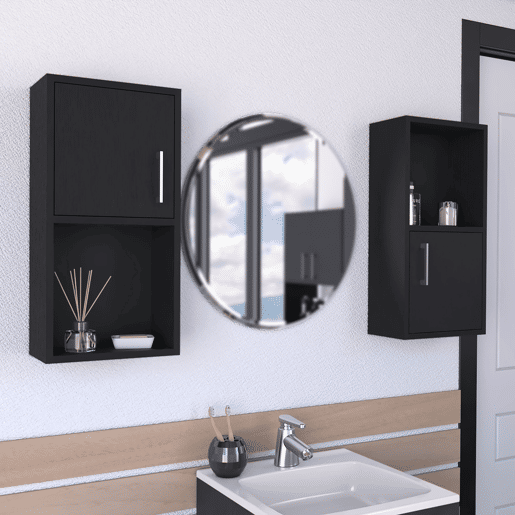 Conjunto de móveis auxiliares de casa de banho em melamina com 4 prateleiras e 2 portas, preto, 60.1 cm X 30 cm X 16 cm