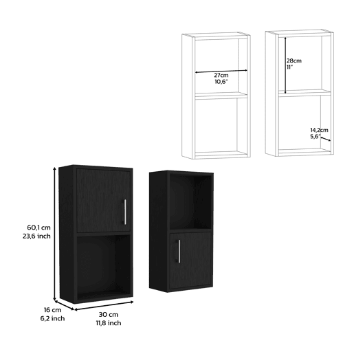 Conjunto de móveis auxiliares de casa de banho em melamina com 4 prateleiras e 2 portas, preto, 60.1 cm X 30 cm X 16 cm