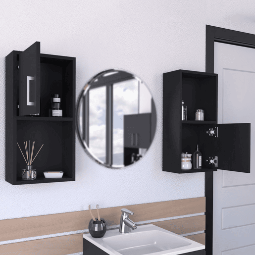 Conjunto de móveis auxiliares de casa de banho em melamina com 4 prateleiras e 2 portas, preto, 60.1 cm X 30 cm X 16 cm