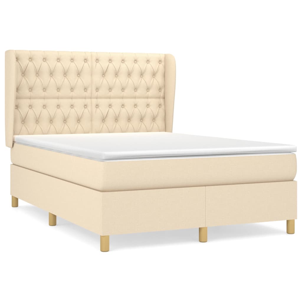 Cama box spring con colchón tela color crema 140x190 cm diseño de botones
