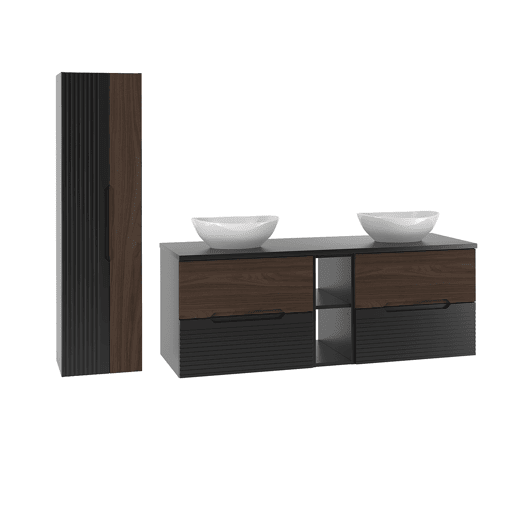 Conjunto móvel de toucador duplo 140cm 2 nichos e coluna Sylla Preto e madeira