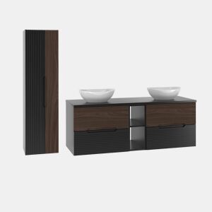 Conjunto móvel de toucador duplo 140cm 2 nichos e coluna Sylla Preto e madeira