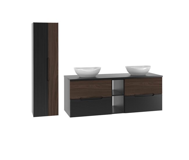 Conjunto de muebles con doble lavabo 140cm compartimiento y columna sylla negro y madera