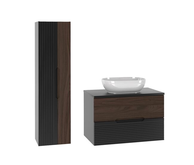 Conjunto mueble lavabo individual 80cm y columna sylla negro y madera