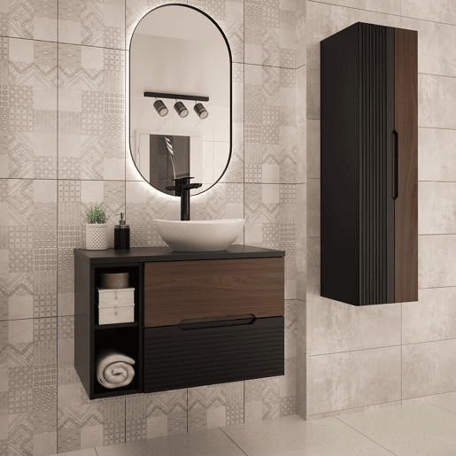 Móvel lavatório simples 80cm 2 nichos Sylla Preto madeira