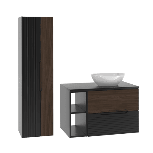 Conjunto móvel lavatório simples 80cm 2 nichos coluna Sylla Preto madeira