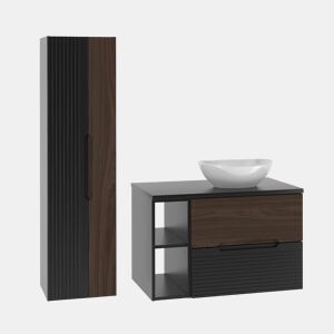 Conjunto móvel lavatório simples 80cm 2 nichos coluna Sylla Preto madeira