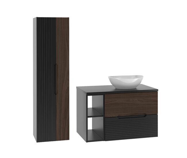 Conjunto de muebles con lavabo individual 80cm compartimiento y columna sylla negro y madera