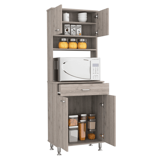 Despensa de cozinha Della em melamina com 5 prateleiras, 4 portas, espaço para micro-ondas e 1 gaveta , cinzento , 169 cm X 60 cm X 35 cm Despensa de cozinha Della em melamina com 5 prateleiras, 4 portas, espaço para micro-ondas e 1 gaveta , cinzento , 169 cm X 60 cm X 35 cm