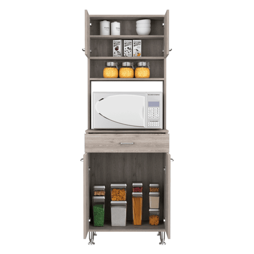 Despensa de cozinha Della em melamina com 5 prateleiras, 4 portas, espaço para micro-ondas e 1 gaveta , cinzento , 169 cm X 60 cm X 35 cm Despensa de cozinha Della em melamina com 5 prateleiras, 4 portas, espaço para micro-ondas e 1 gaveta , cinzento , 169 cm X 60 cm X 35 cm