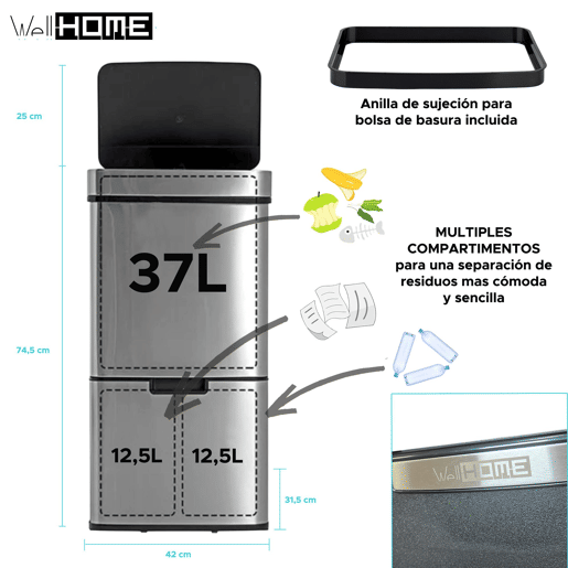 WELL HOME Lixeira 62L (37L+25L) com 2 compartimentos WELL HOME Lixeira 62L (37L+25L) com 2 compartimentos
