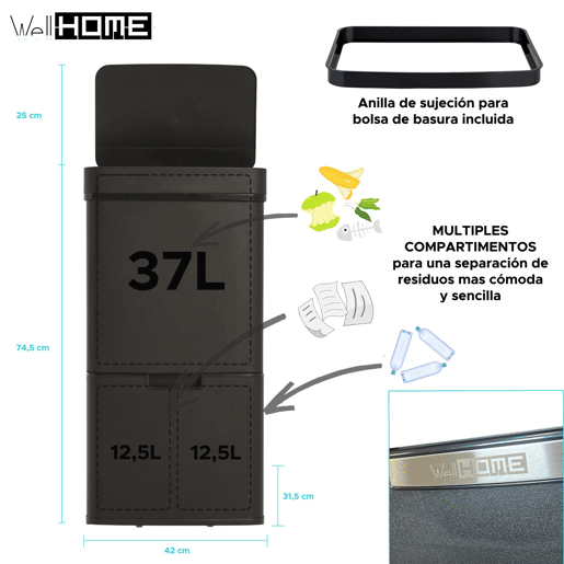 WELL HOME Lixeira 62L (37L+25L) com 2 compartimentos