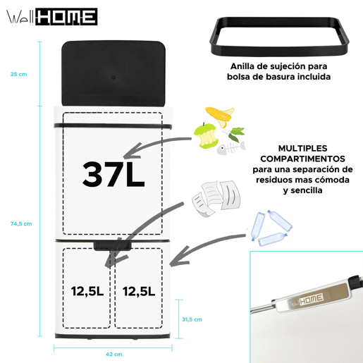 WELL HOME Lixeira 62L (37L+25L) com 2 compartimentos WELL HOME Lixeira 62L (37L+25L) com 2 compartimentos