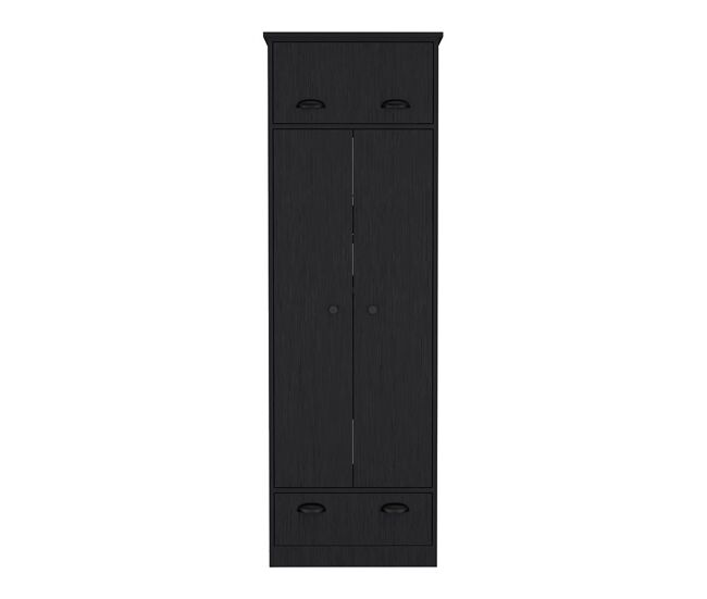 Armario falkland en melamina con 2 puertas ,2 estantes , 1 barra para colgar ropa , 1 gabinete superior y 1 cajon , negro , 179 cm x 59.2 cm x 50 cm