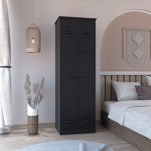 Roupeiro em melamina falkland com 2 portas, 2 prateleiras, 1 varão para roupa, 1 armário superior e 1 gaveta, preto, 179 cm X 59.2 cm X 50 cm