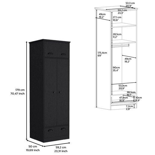 Roupeiro em melamina falkland com 2 portas, 2 prateleiras, 1 varão para roupa, 1 armário superior e 1 gaveta, preto, 179 cm X 59.2 cm X 50 cm