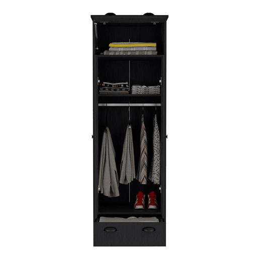 Roupeiro em melamina falkland com 2 portas, 2 prateleiras, 1 varão para roupa, 1 armário superior e 1 gaveta, preto, 179 cm X 59.2 cm X 50 cm