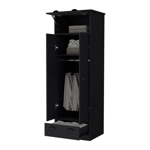 Roupeiro em melamina falkland com 2 portas, 2 prateleiras, 1 varão para roupa, 1 armário superior e 1 gaveta, preto, 179 cm X 59.2 cm X 50 cm