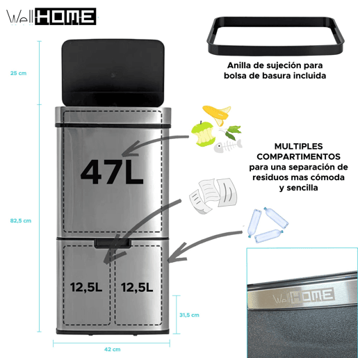 WELL HOME Lixeira 72L (47L+25L) com 2 compartimentos WELL HOME Lixeira 72L (47L+25L) com 2 compartimentos