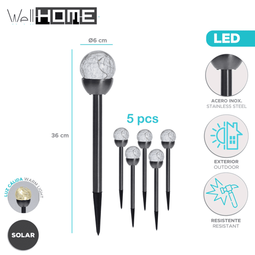 Well Home Conjunto de 5 luzes solares em aço inoxidável Ø6cm