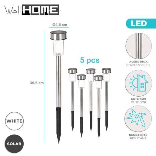 Well Home Conjunto de 5 luzes solares Ø4,6cm em aço inoxidável