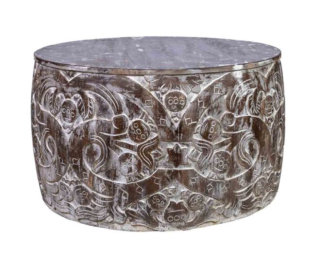Mesa de centro redonda de madera tallada artesanal marron 76x76x45