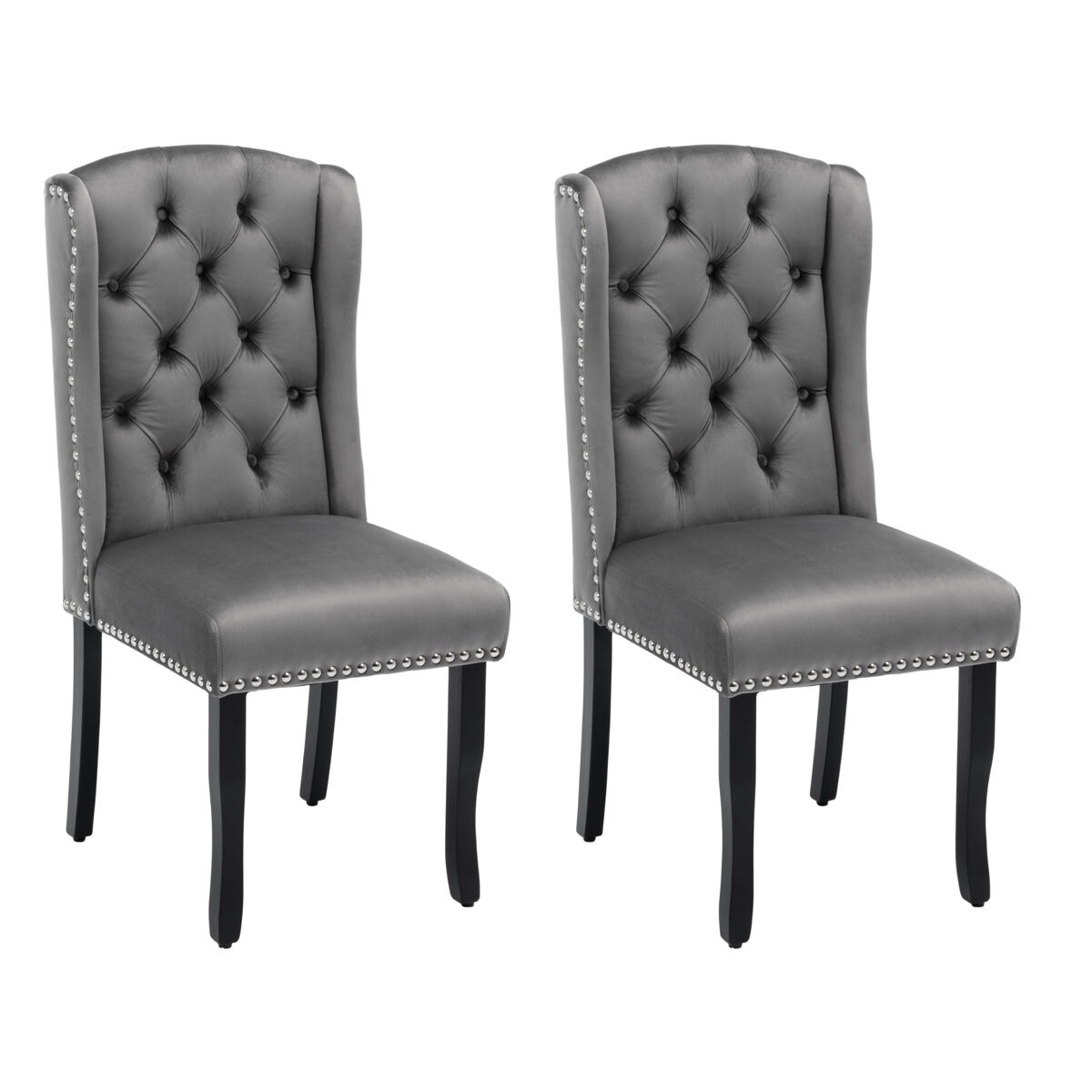 juego de 2 sillas de terciopelo con patas de roble - decoradas con remaches - gris