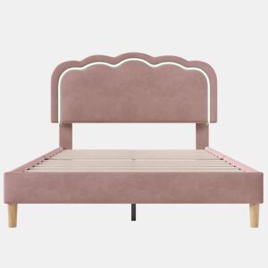 Cama estofada em veludo 140x200 cm - com LED e estrado - Rosa
