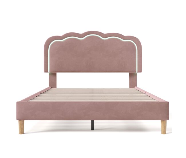 Cama de 140x200 cm tapizada en terciopelo - con led y somier - rosa