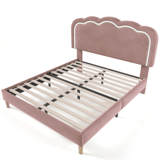 Cama estofada em veludo 140x200 cm - com LED e estrado - Rosa