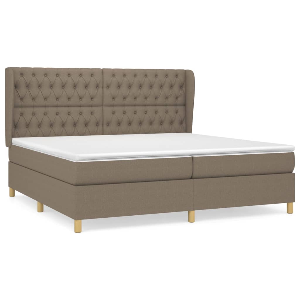 Cama box spring con colchón tela gris taupe 200x200 cm diseño de botones