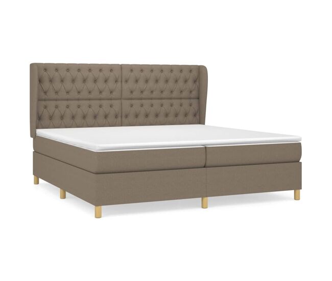 Cama box spring con colchón tela gris taupe 200x200 cm diseño de botones