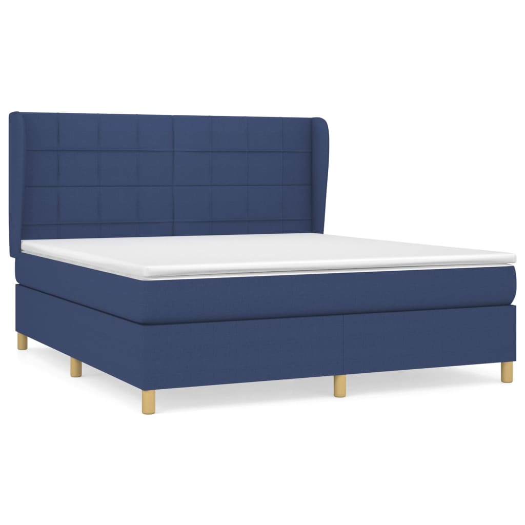 Cama box spring con colchón tela azul 160x200 cm bloques con cuadros