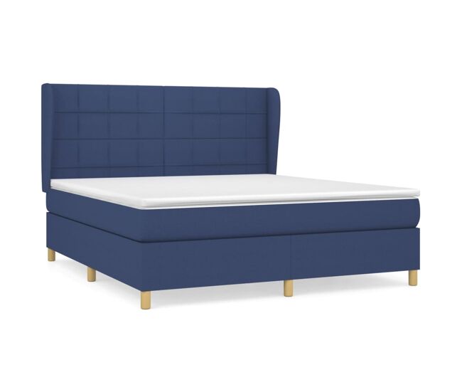 Cama box spring con colchón tela azul 160x200 cm bloques con cuadros