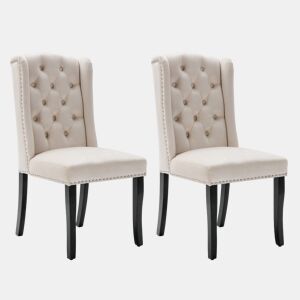 Conjunto de 2 cadeiras de veludo com pernas de carvalho - decoradas com rebites - Bege