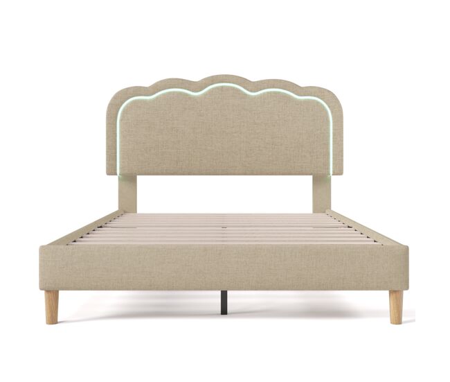 Cama 140x200 tapizada en lino - con led y somier - beige