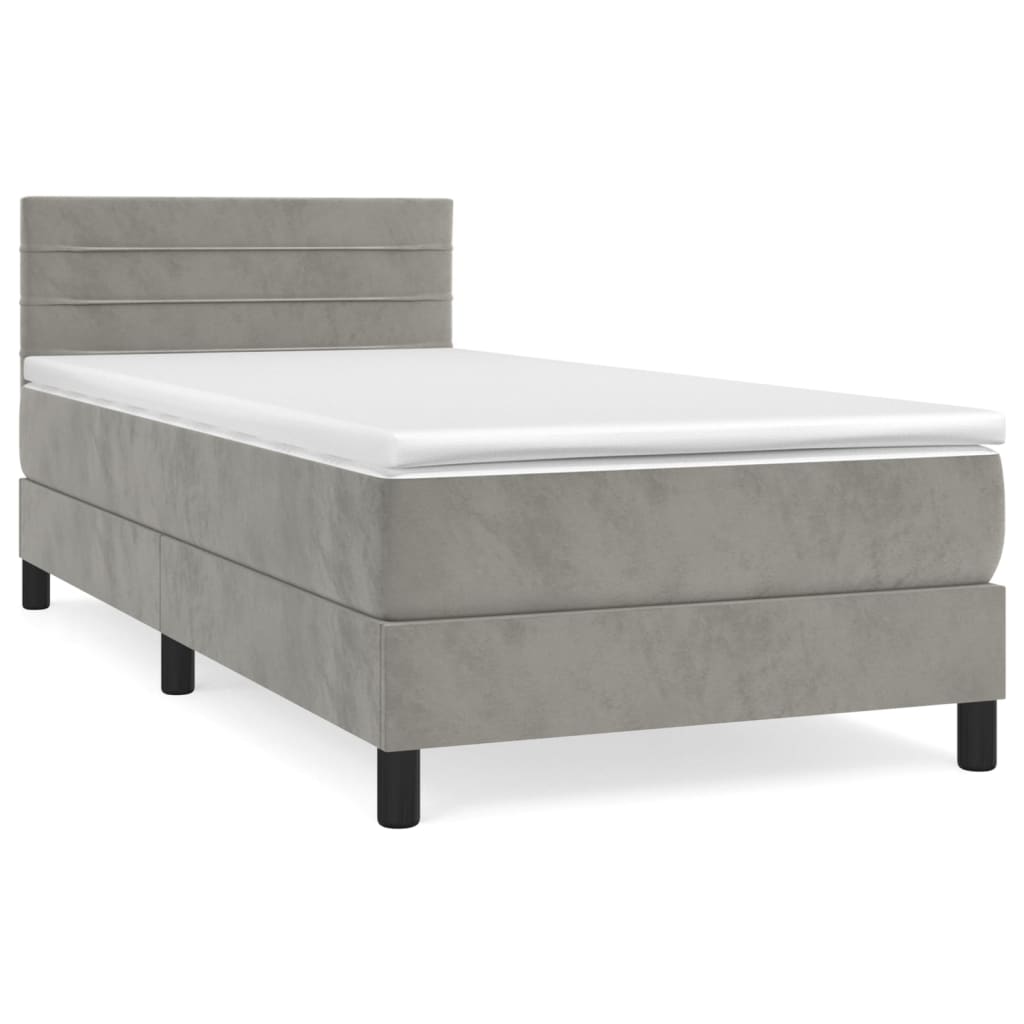 cama box spring con colchon terciopelo gris claro 90x190 cm rayas horizontales