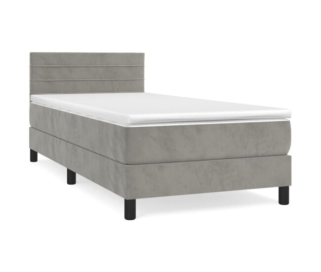 Cama box spring con colchón terciopelo gris claro 90x190 cm rayas horizontales