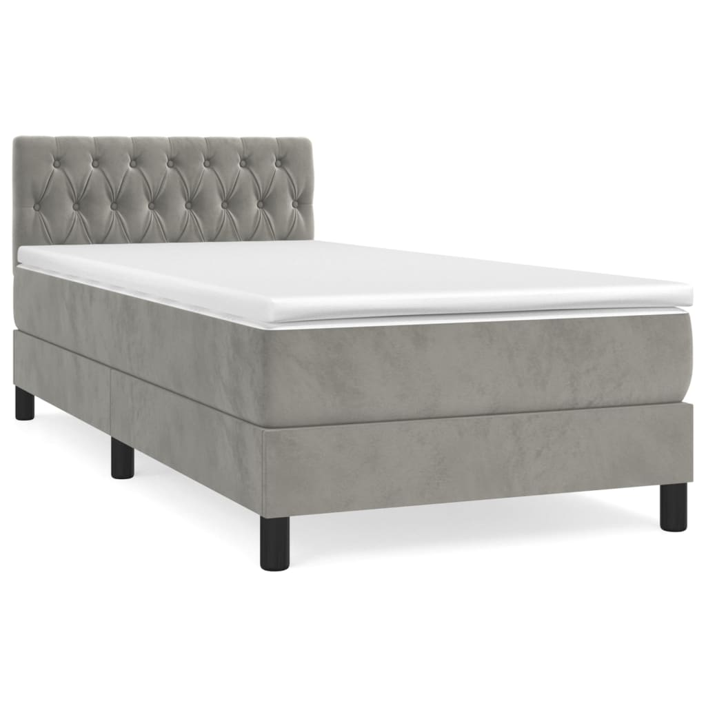 Cama box spring con colchón terciopelo gris claro 90x190 cm diseño de botones