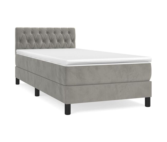 Cama box spring con colchón terciopelo gris claro 90x190 cm diseño de botones