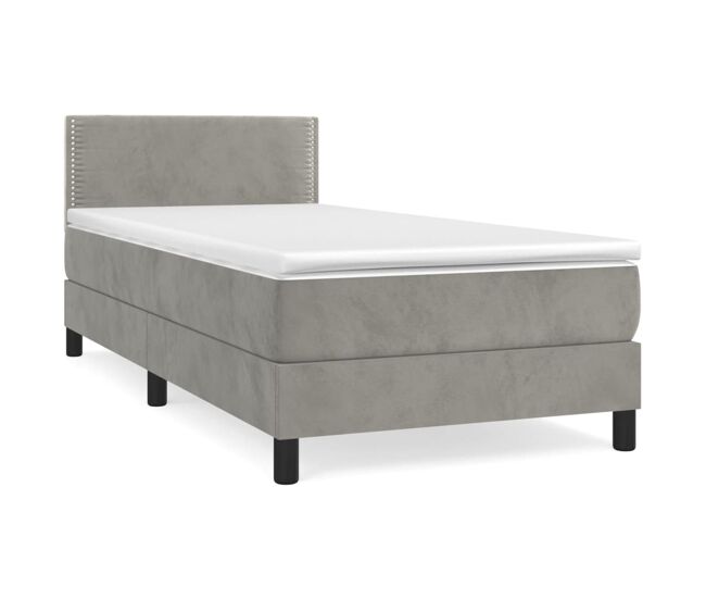 Cama box spring con colchón terciopelo gris claro 90x190 cm liso con clavos
