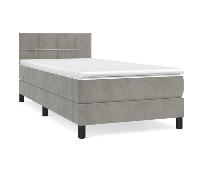 Cama box spring con colchón terciopelo gris claro 100x200 cm bloques con cuadros