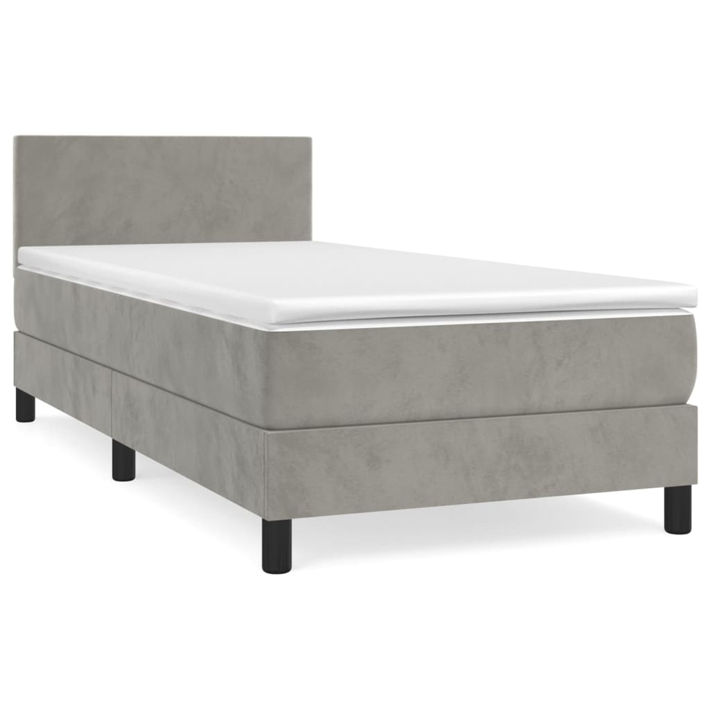 Cama box spring con colchón terciopelo gris claro 90x190 cm diseño plano