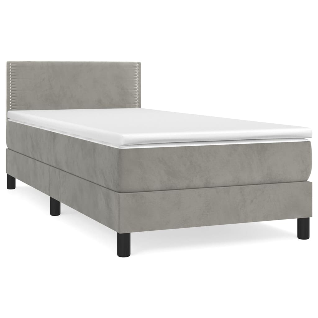 Cama box spring con colchón terciopelo gris claro 80x200 cm liso con clavos