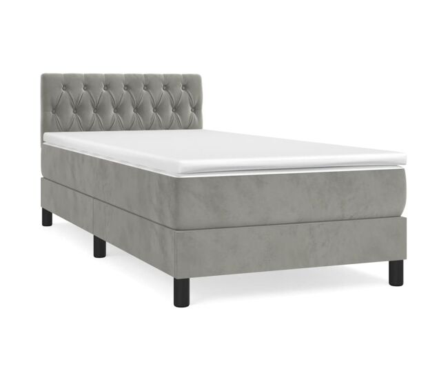 Cama box spring con colchón terciopelo gris claro 100x200 cm diseño de botones