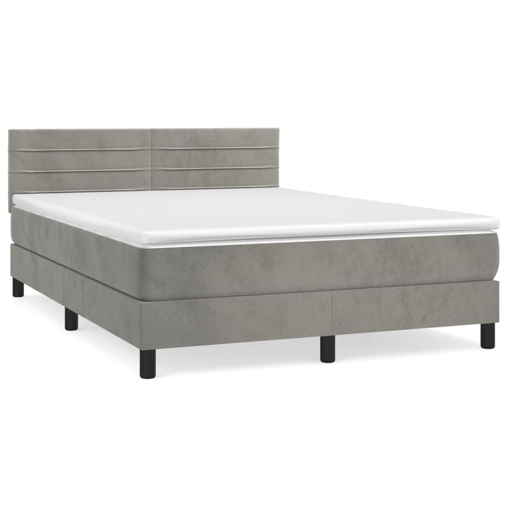 Cama box spring con colchón terciopelo gris claro 140x200 cm rayas horizontales